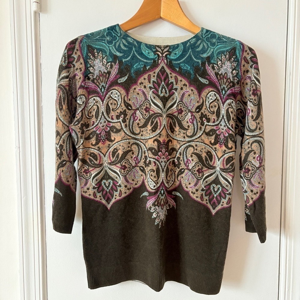 Talbots sz Small CASHMERE SWEATER Audrey Floral PAISLEY brown green crewneck - Picture 3 of 8